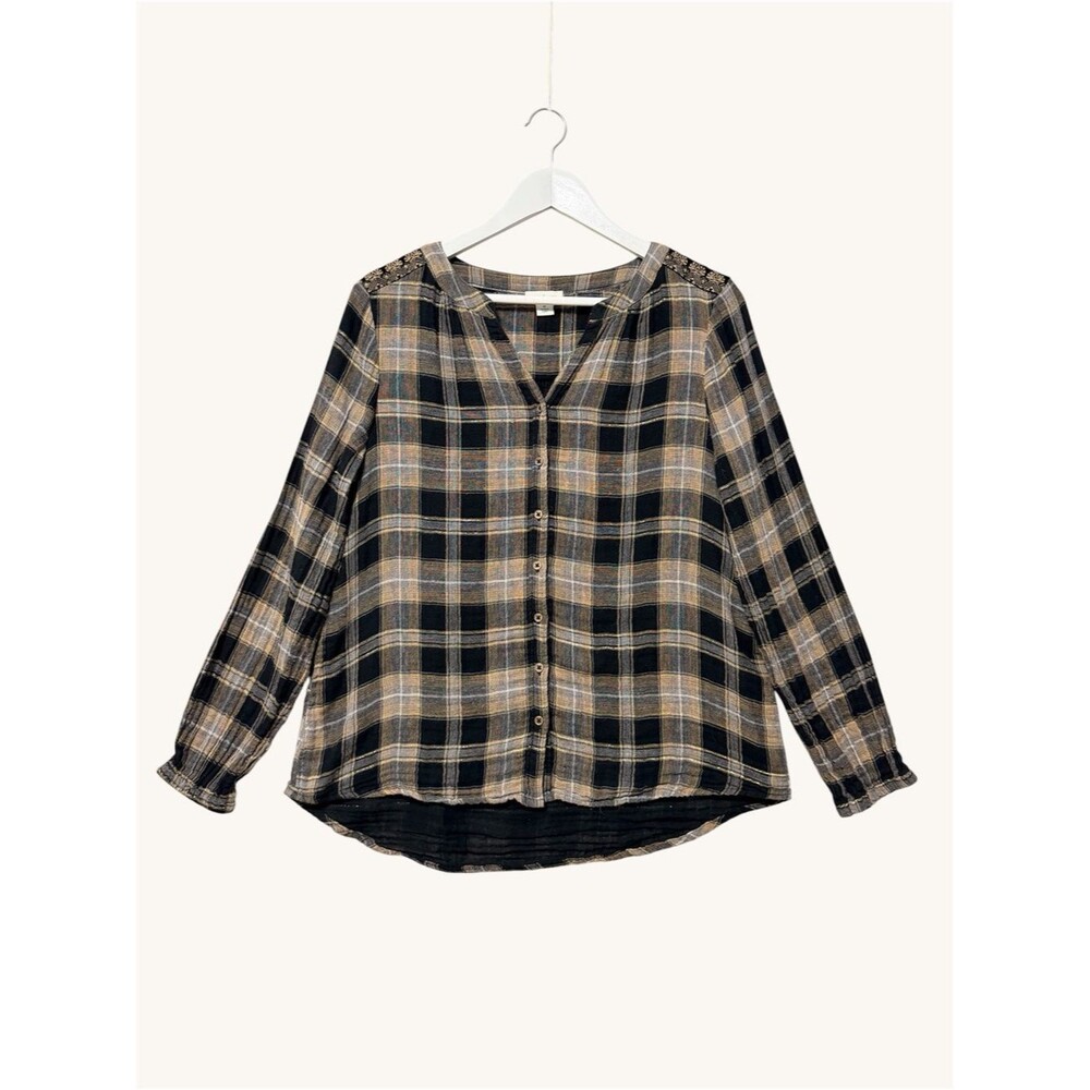 Sundance Plaid Button Up V-Neck Blouse Size Medium Black Tan Velvet Embellished